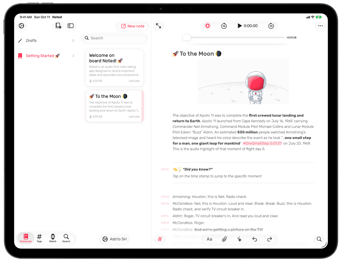 iPad — notebooks, notes and a timestamped recording side by side