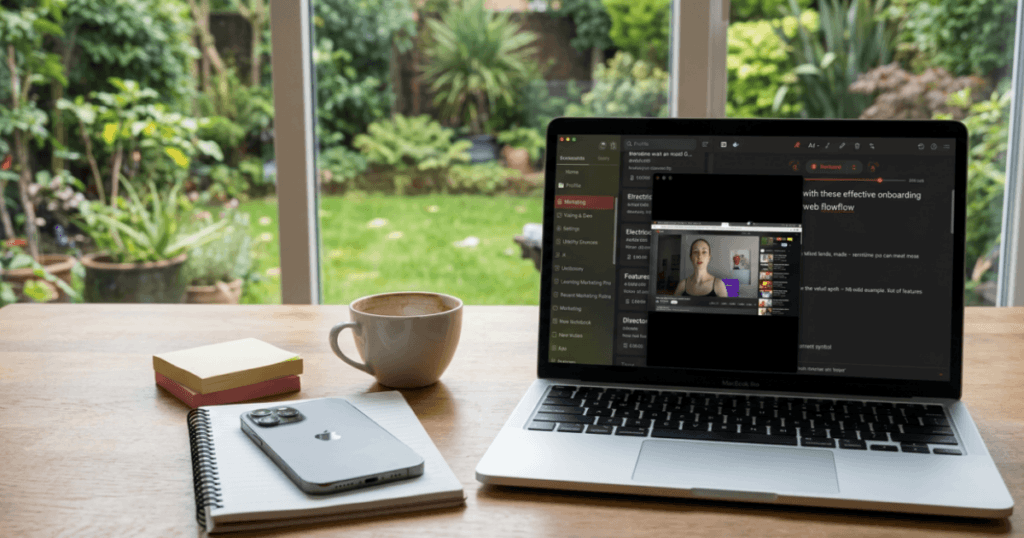 木の机の上でNotedを開いたMacBook。iPhone、ノート、付箋、コーヒーも並び、背景には庭が見える