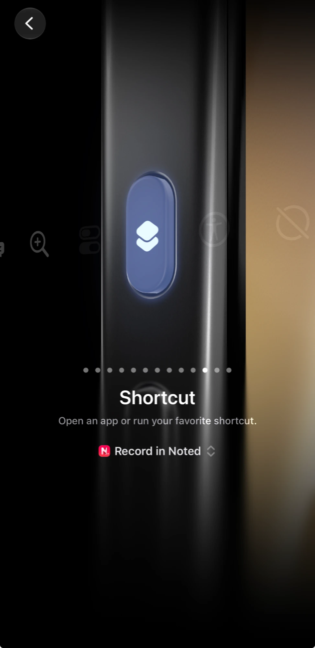 The Action Button page in Settings, set to Shortcut with a Noted recording shortcut chosen