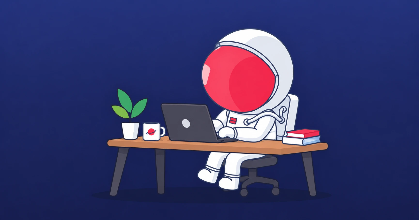The Noted astronaut at a desk with a laptop, a plant, a mug and a stack of books, ready to start work