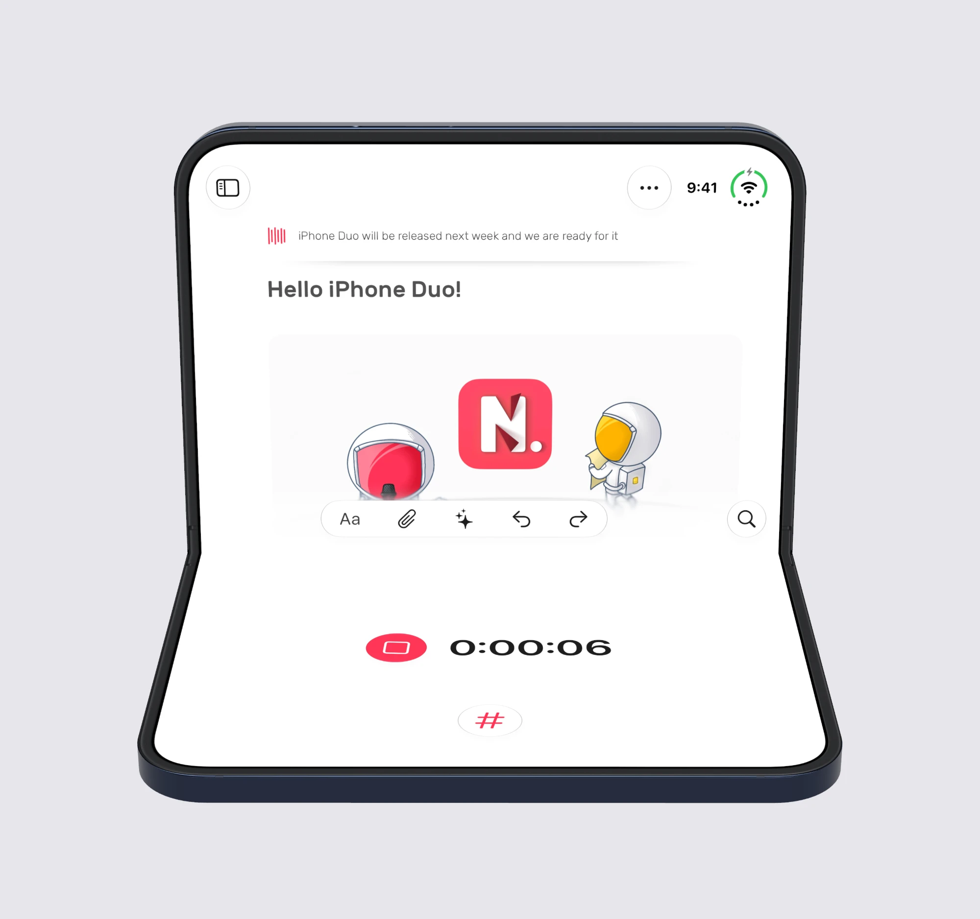 Noted on iPhone Duo propped up on a table like a laptop: the note on the upright half, and a large record button, the recording timer and the # button on the half lying flat